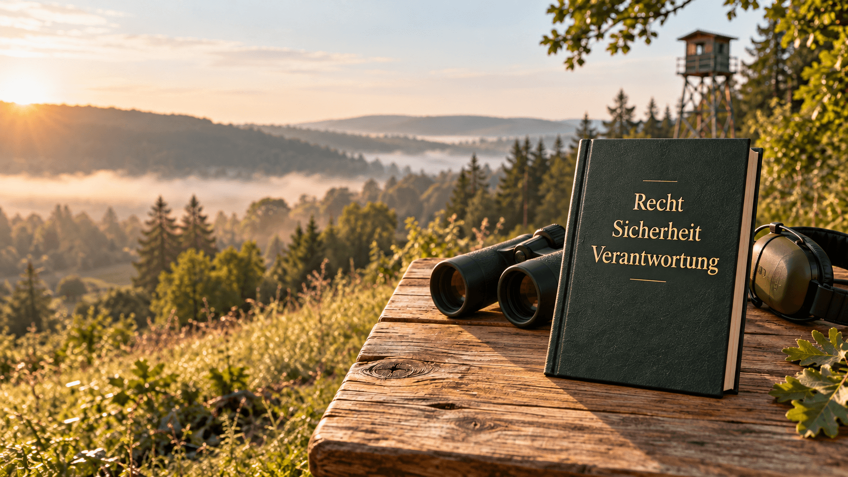 Aufrechtes grünes Buch mit dem Titel Recht, Sicherheit, Verantwortung neben einem Fernglas vor einer Waldlandschaft